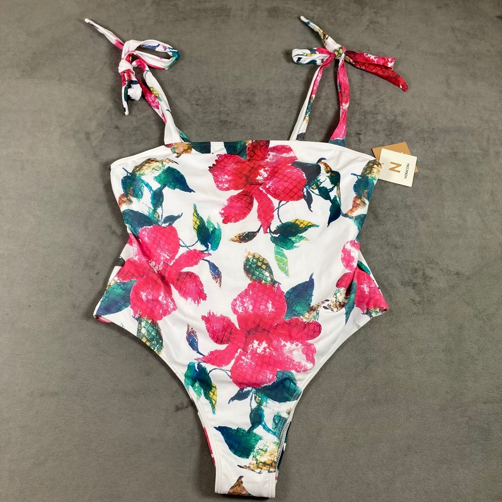 Noracora Floral Tie Shoulder One Piece Swimsuit XL White Pink Tropical